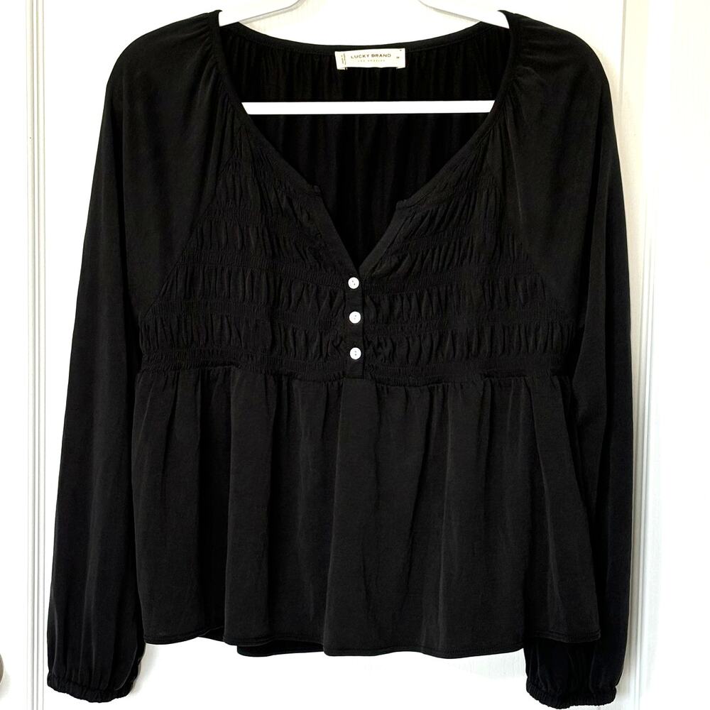 Lucky Brand Wms Medium Black Sandwashed Knit Smocked Cropped Babydoll Top